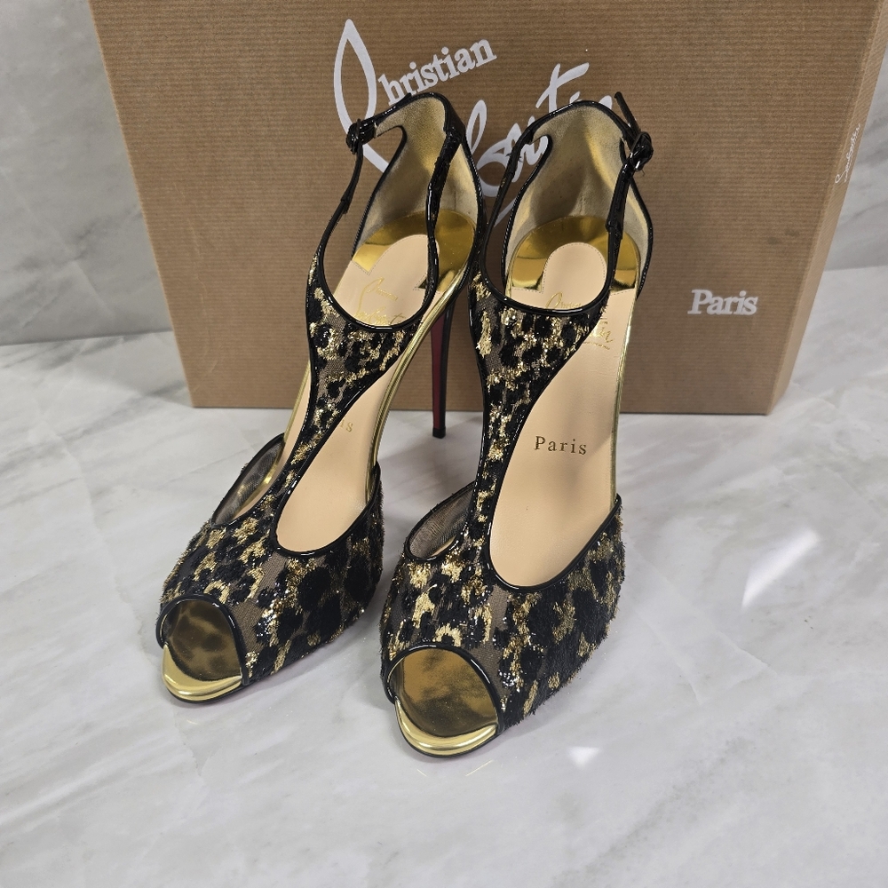 🔥RARE🔥Christian Louboutin Black & Gold T-Strap Peep-Toe Heels